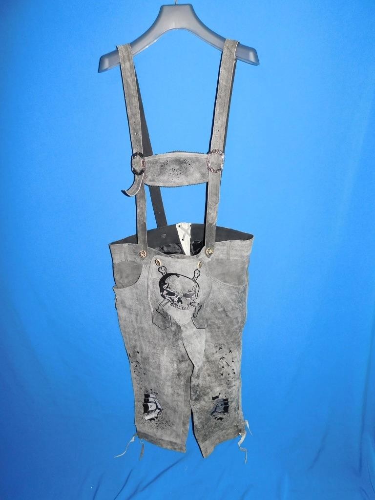 German Lederhosen US Size 36 Gray Suede Pirate Ship Skull Pants Knickers Costume