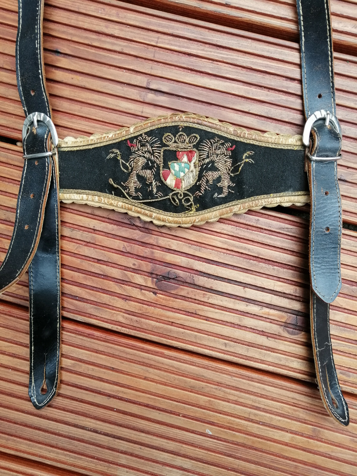 Ancient gold embroidered Bavarian leather suspenders antique Bavarian coat of arms