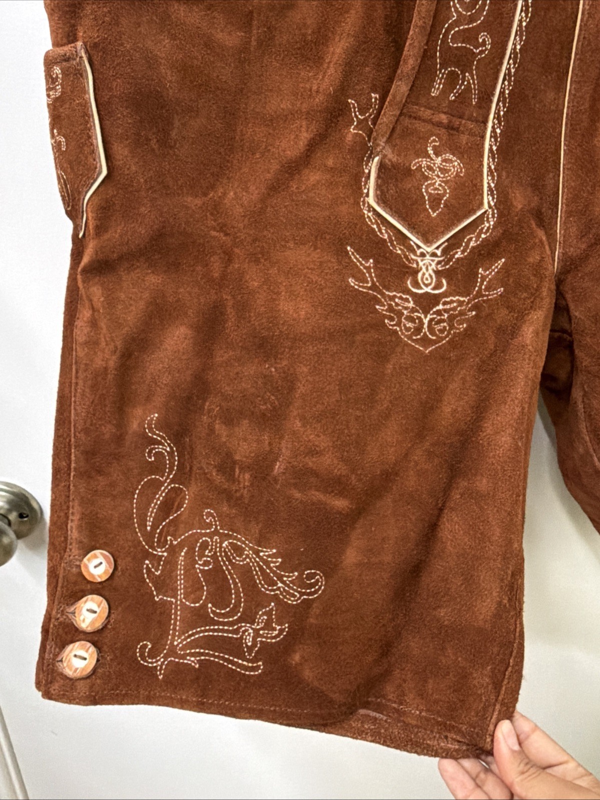 NEW Schonberger Trachten Mens Sz 44” Lederhosen Brown Suede Lamb Leather German