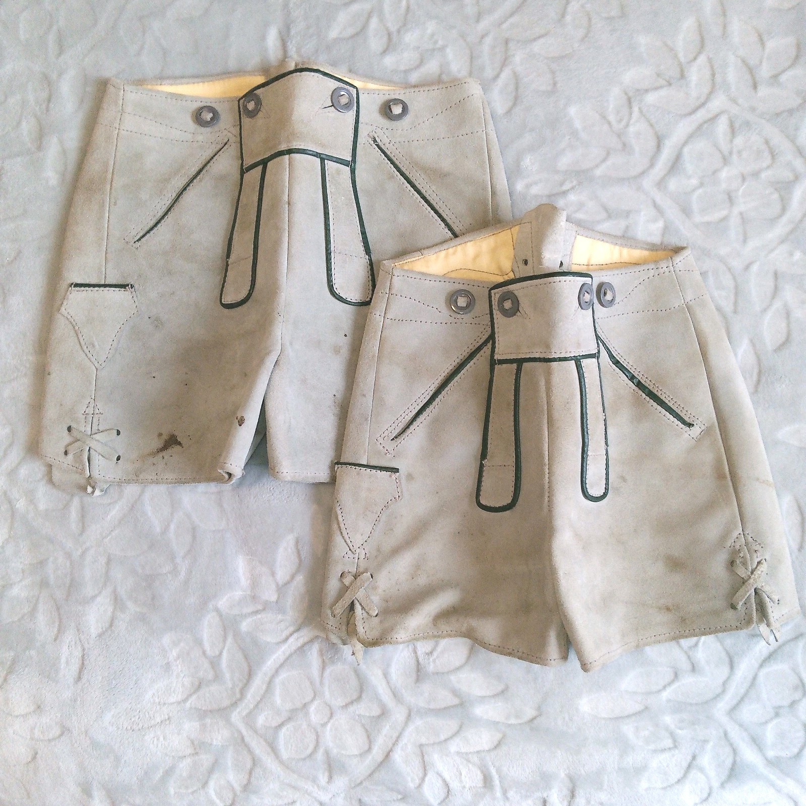 2 Pair Of Childrens Lederhosen Oktoberfest Shorts. Size 26 & 30. Gray & Green Tr