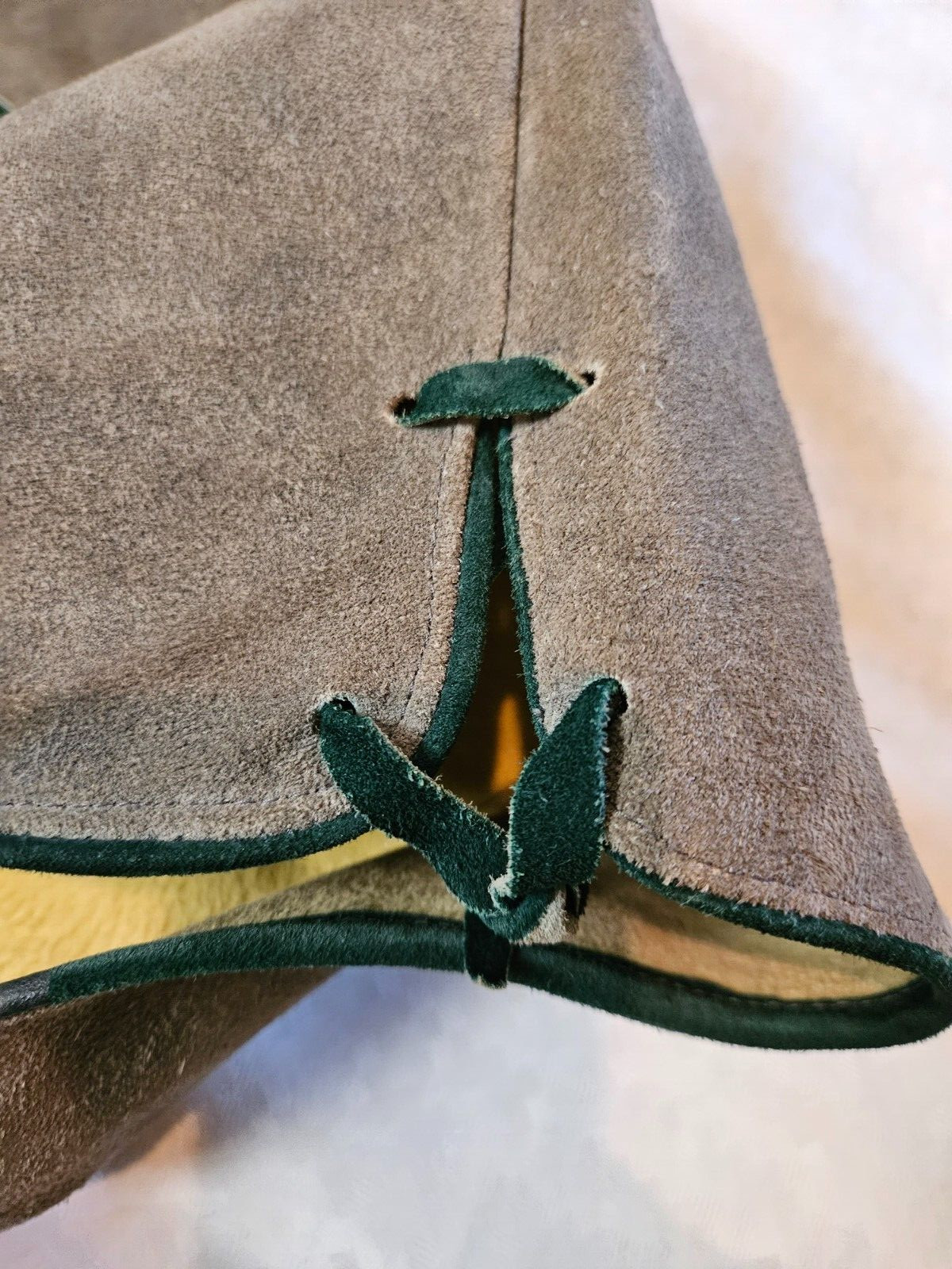 Vintage Lederhosen gray-brown color suede leather, green accent