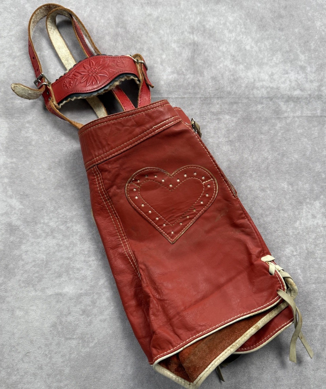 VTG German Red Leather Girls Lederhosen Ortlepp Heart Oktoberfest Bavarian