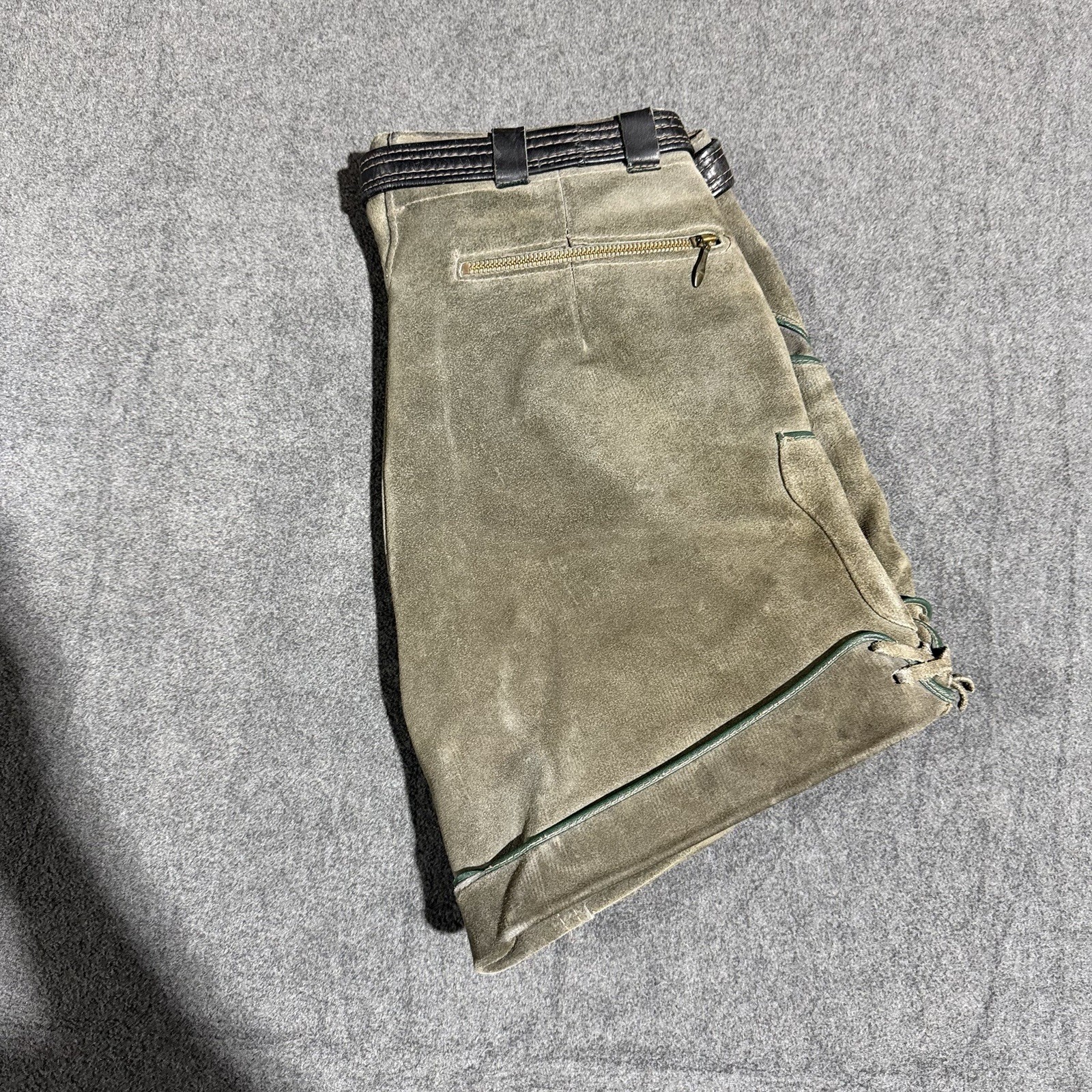 Vintage German Lederhosen Suede Leather Shorts 30 Waist Alpine Drop Front Green