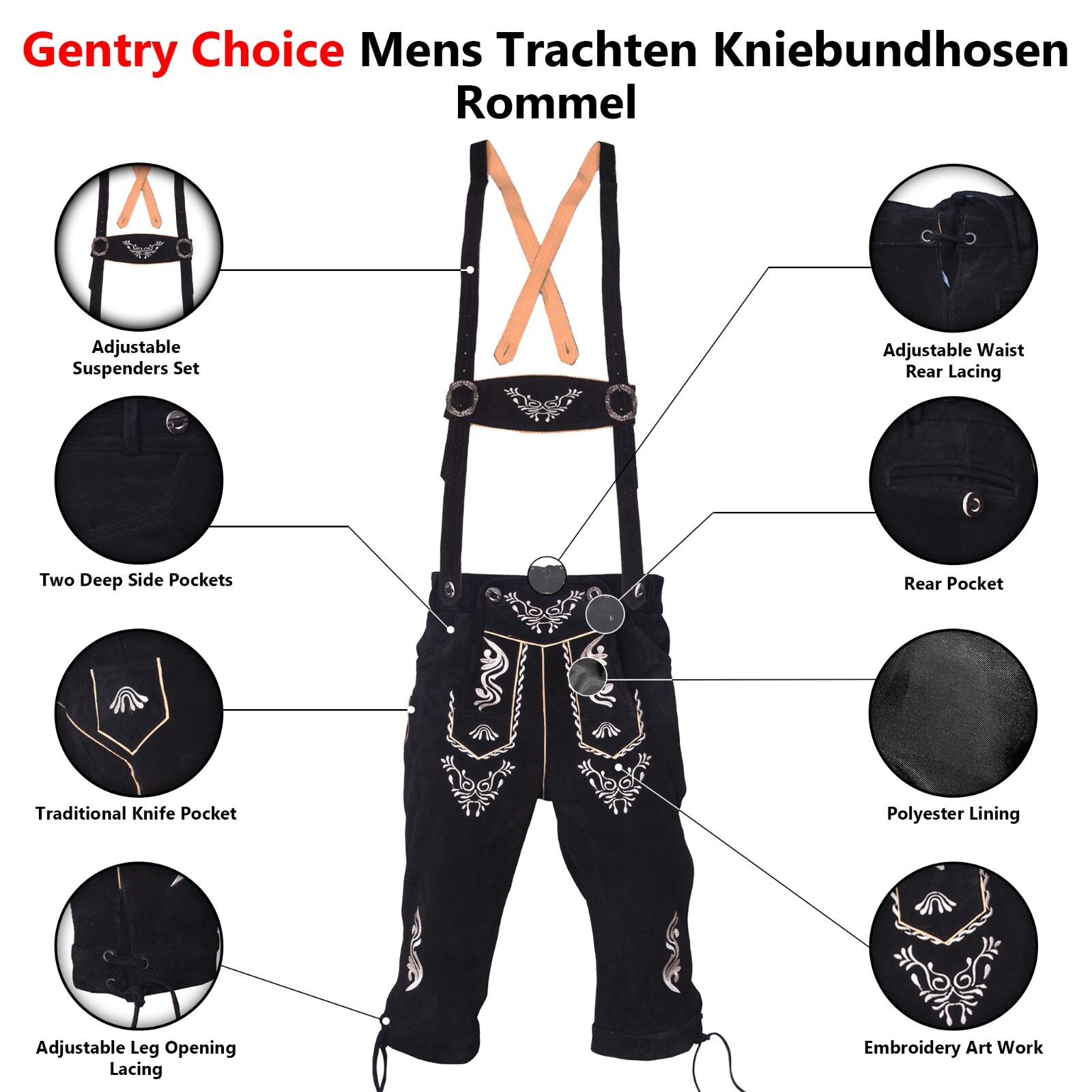 Leather Lederhosen Black Kniebundhosen Trachten German Mens Oktoberfest Costume