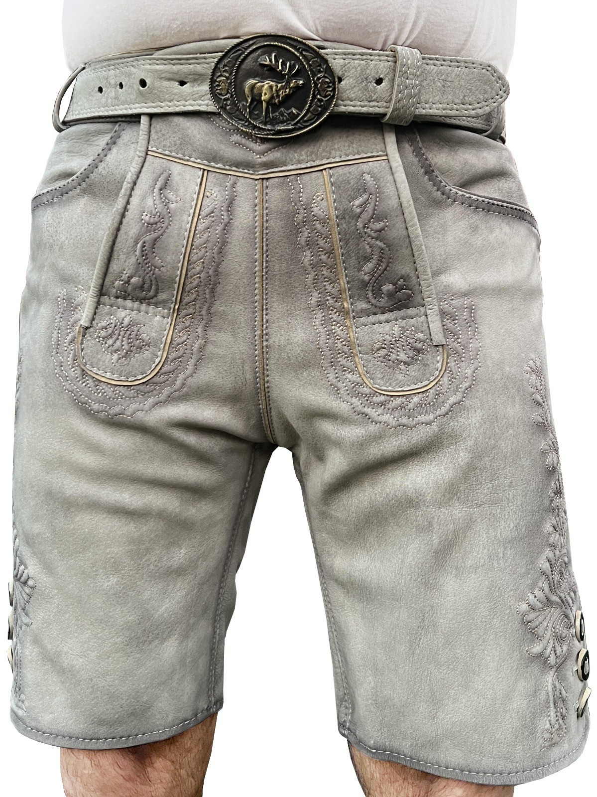 Men’s costume short leather pants with belt, antique smoke, suede pants 46-58
