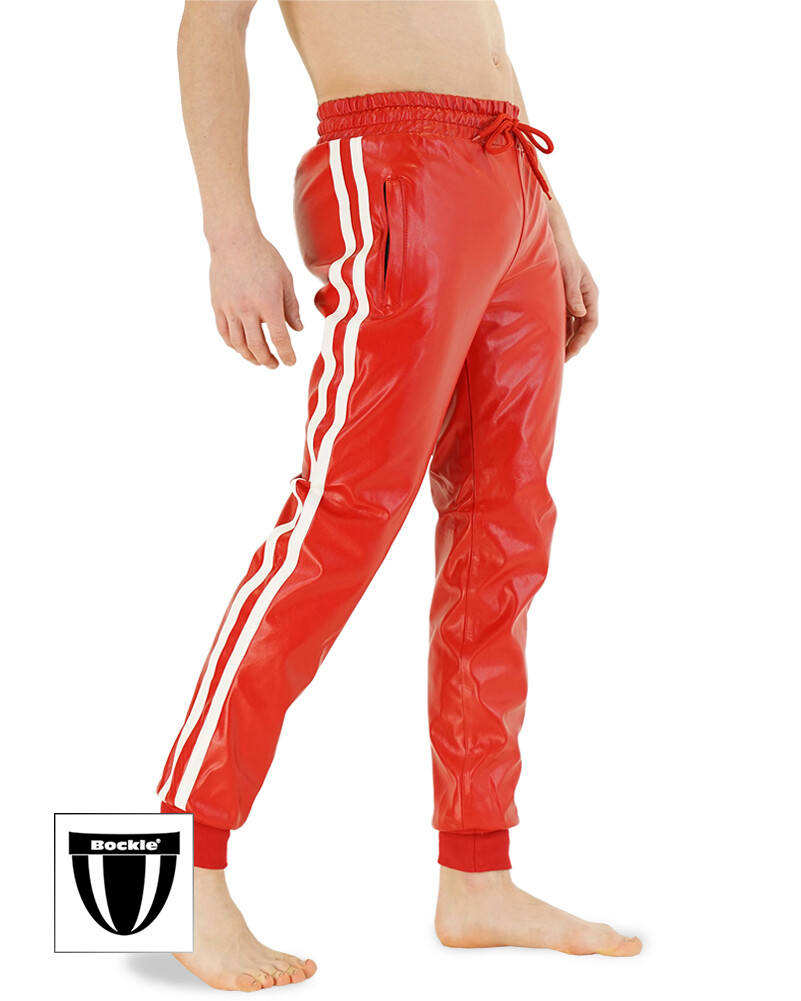 Bockle® Boyjog Rote Kunst Leder Jogginghose Joggers Herren Lederhose aus FAUX