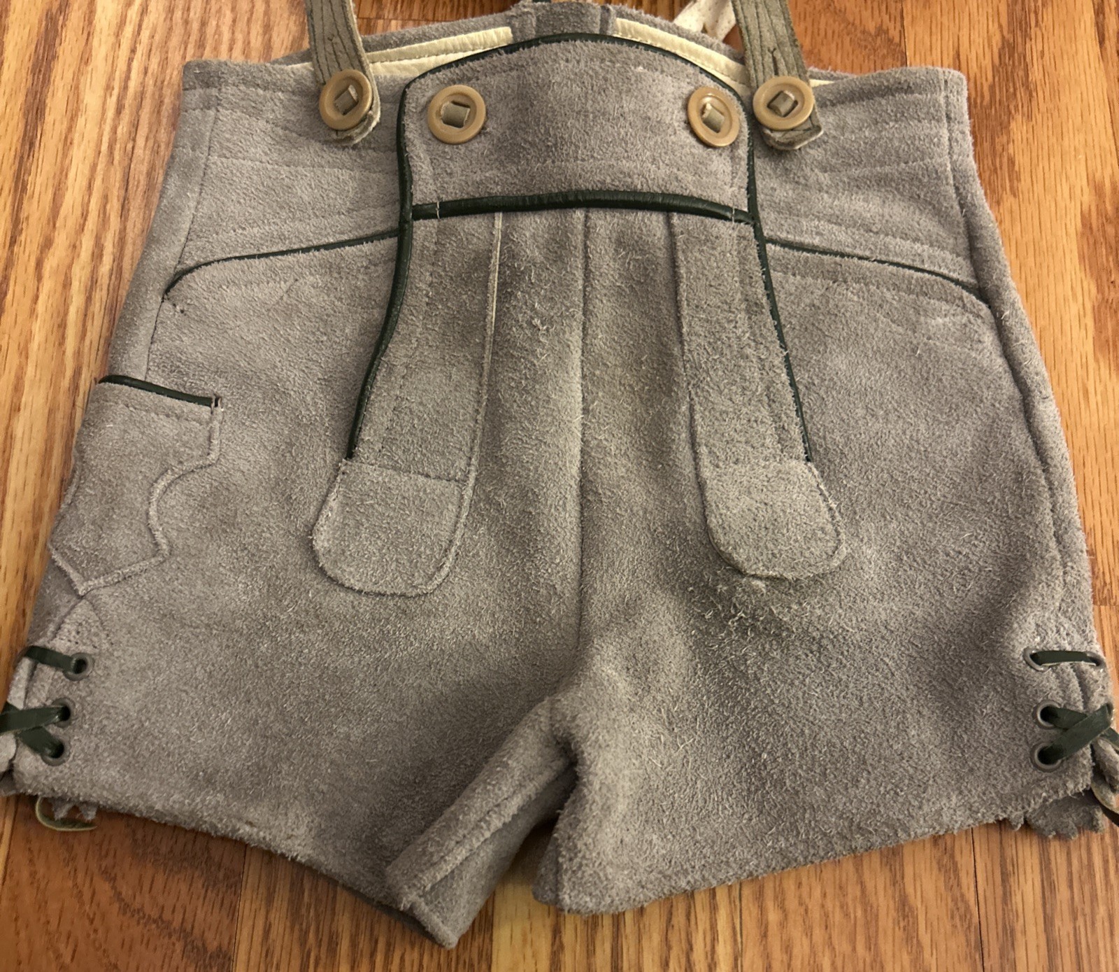 VTG German Lederhosen Child Shorts Suspender Authentic Suede Leather Floral