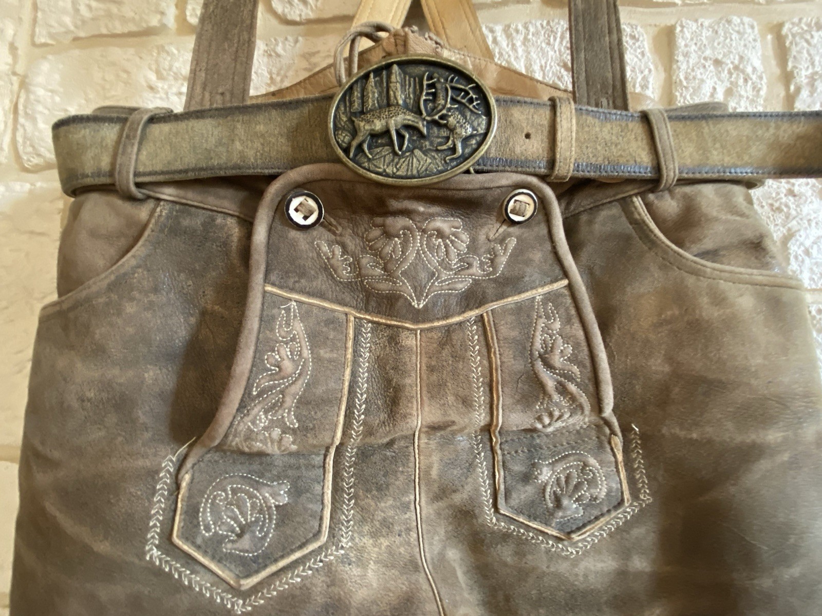Traditional Lederhosen Short Men’s Size 52 Brown Genuine Leather Set + Belt Suspenders