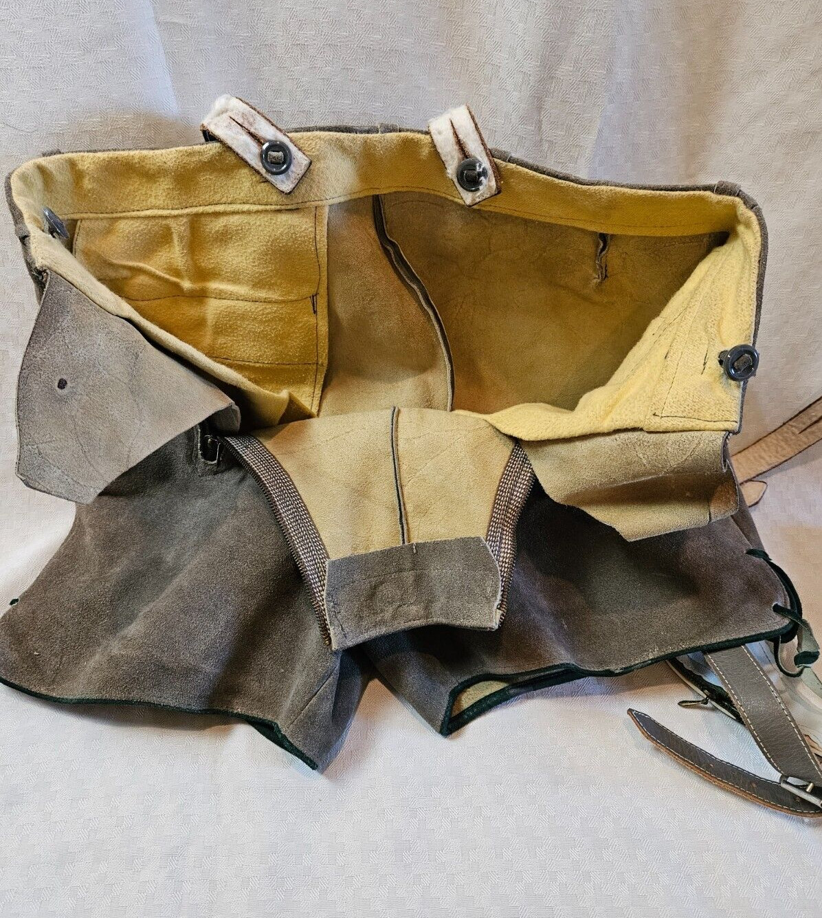 Vintage Lederhosen gray-brown color suede leather, green accent