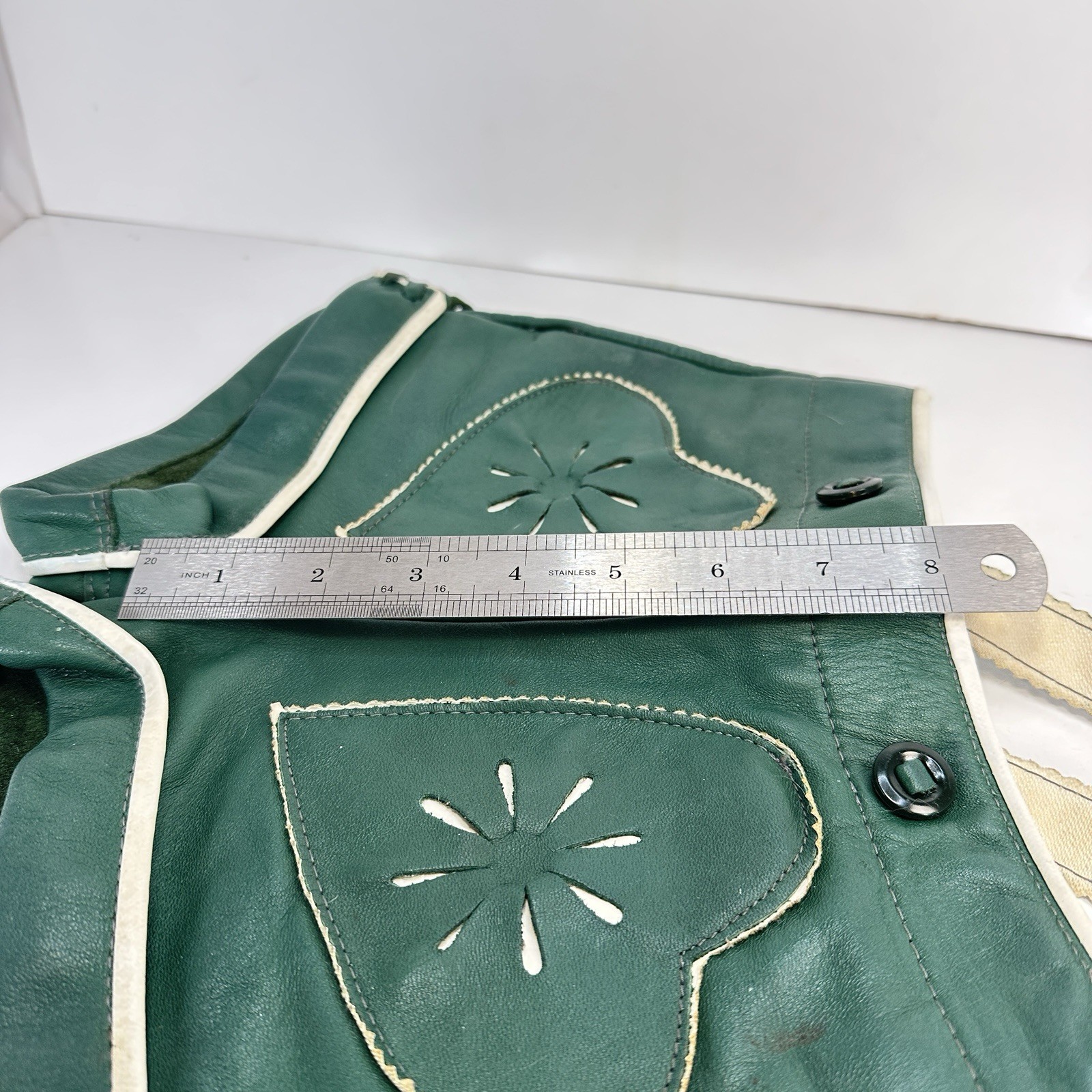 Vintage Green Leather Heart Lederhosen Child Size (see photos for measurements)