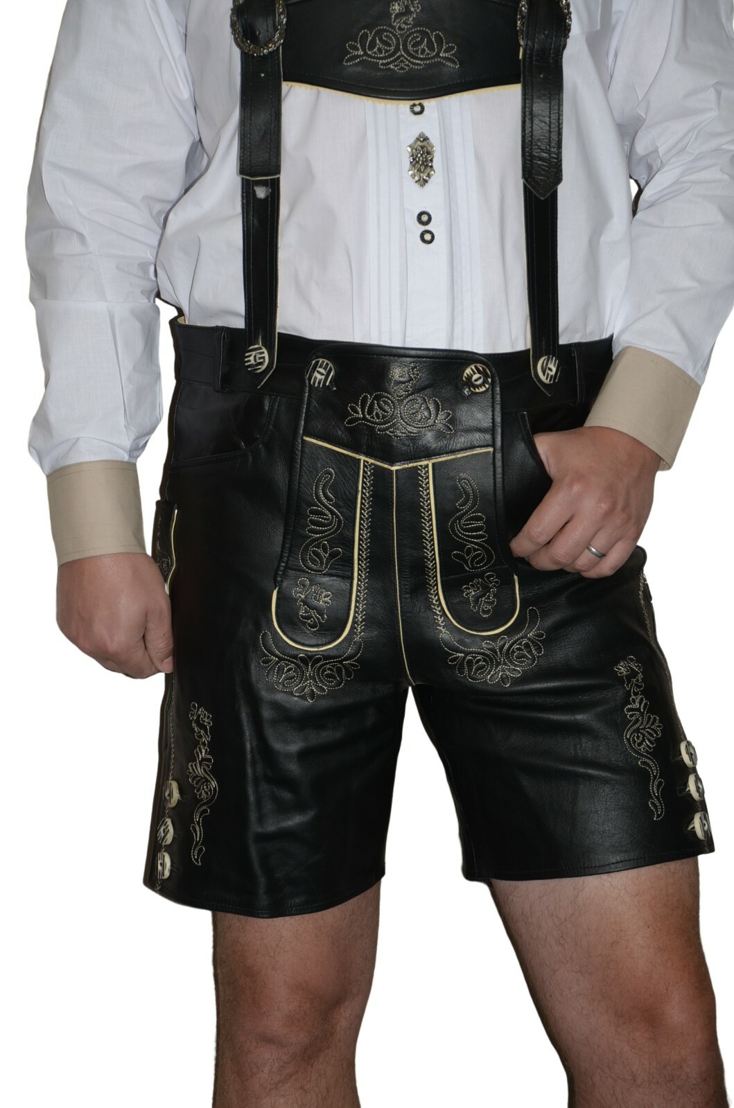 Black German Men LEATHER LEDERHOSEN Oktoberfest Shorts Pants Bavarian / 2 Pc SET