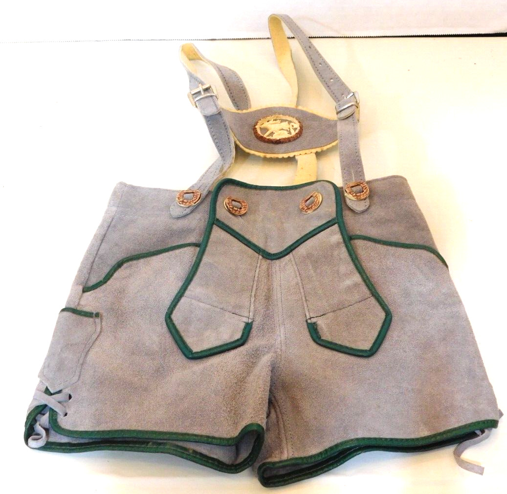 Vintage German Bavaria Children’s Lederhosen Green/Grey Carved Antler Buttons
