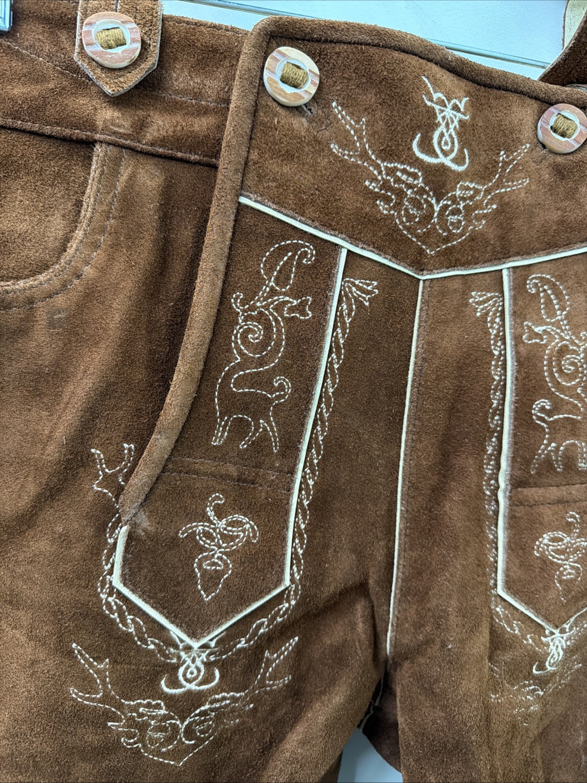NEW Schonberger Trachten Mens Sz 44” Lederhosen Brown Suede Lamb Leather German