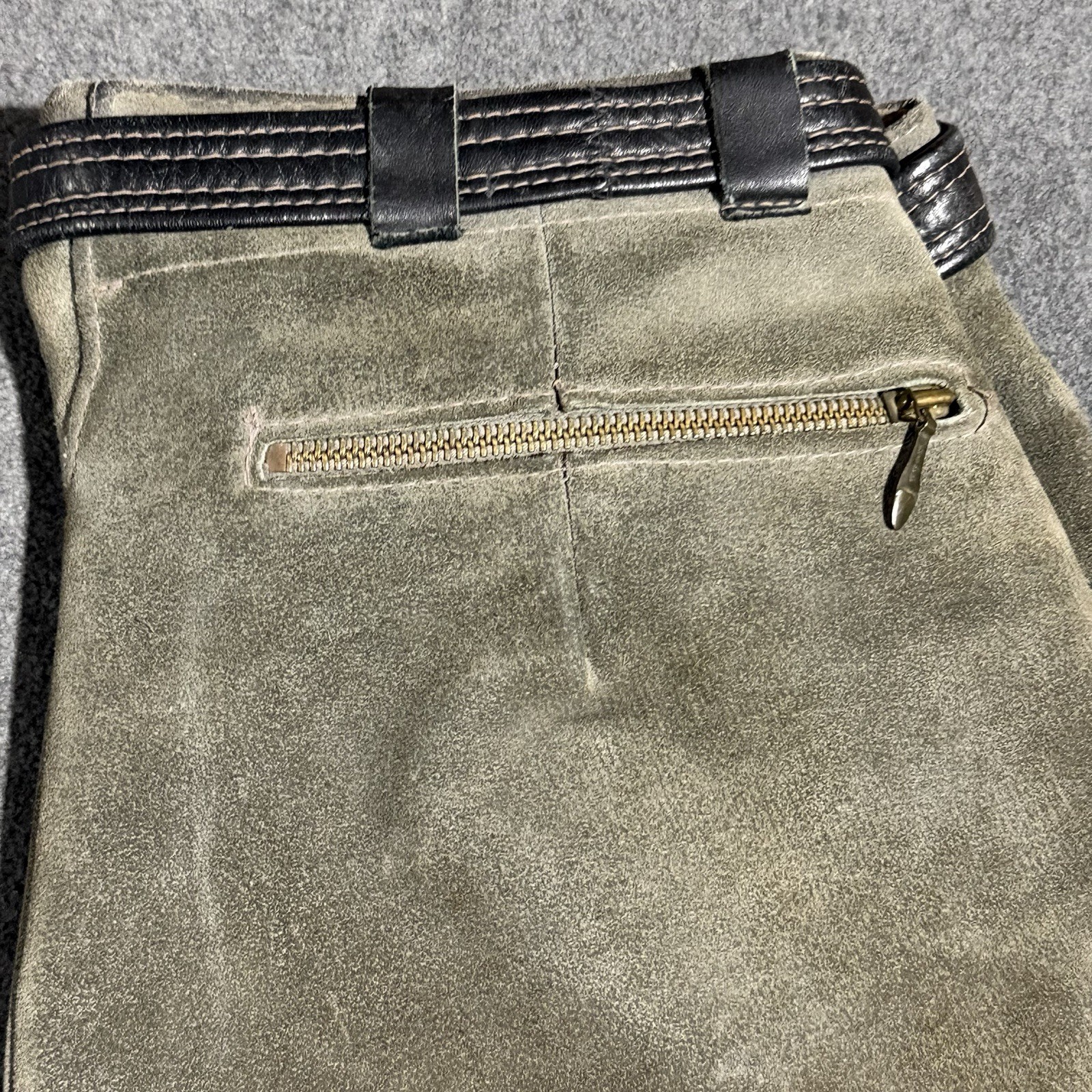 Vintage German Lederhosen Suede Leather Shorts 30 Waist Alpine Drop Front Green