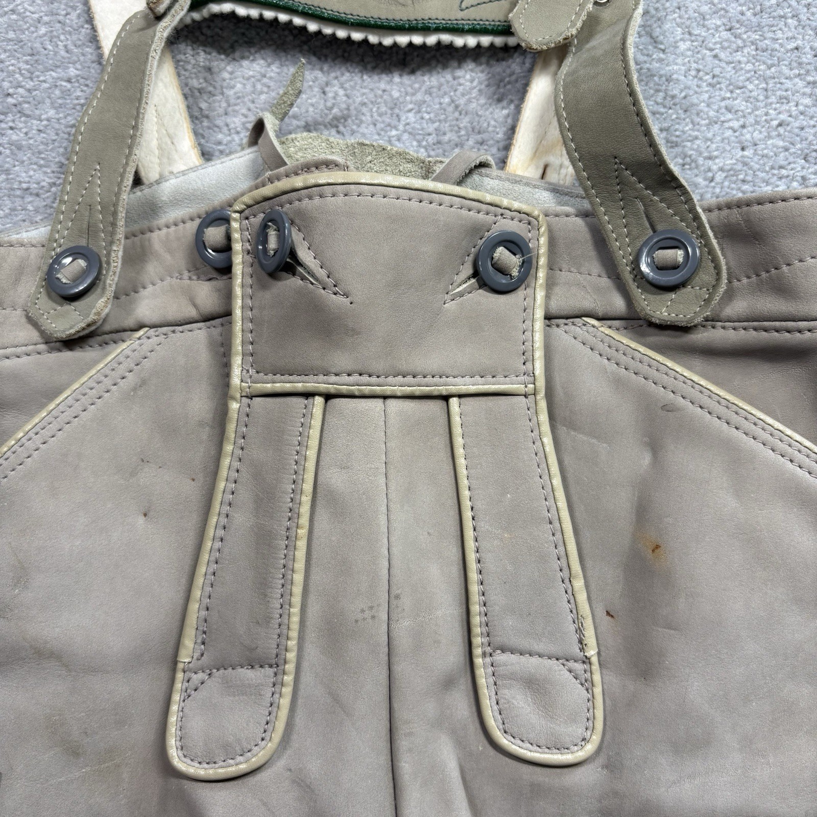 1960s German Lederhosen Leather Suede Overalls KIDS Size 6 Green Gray Embroidery