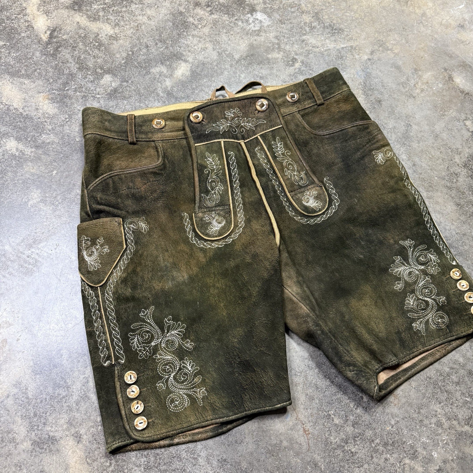 Vintage Authentic Bavarian Lederhosen Leather Embroidered Renaissance Shorts