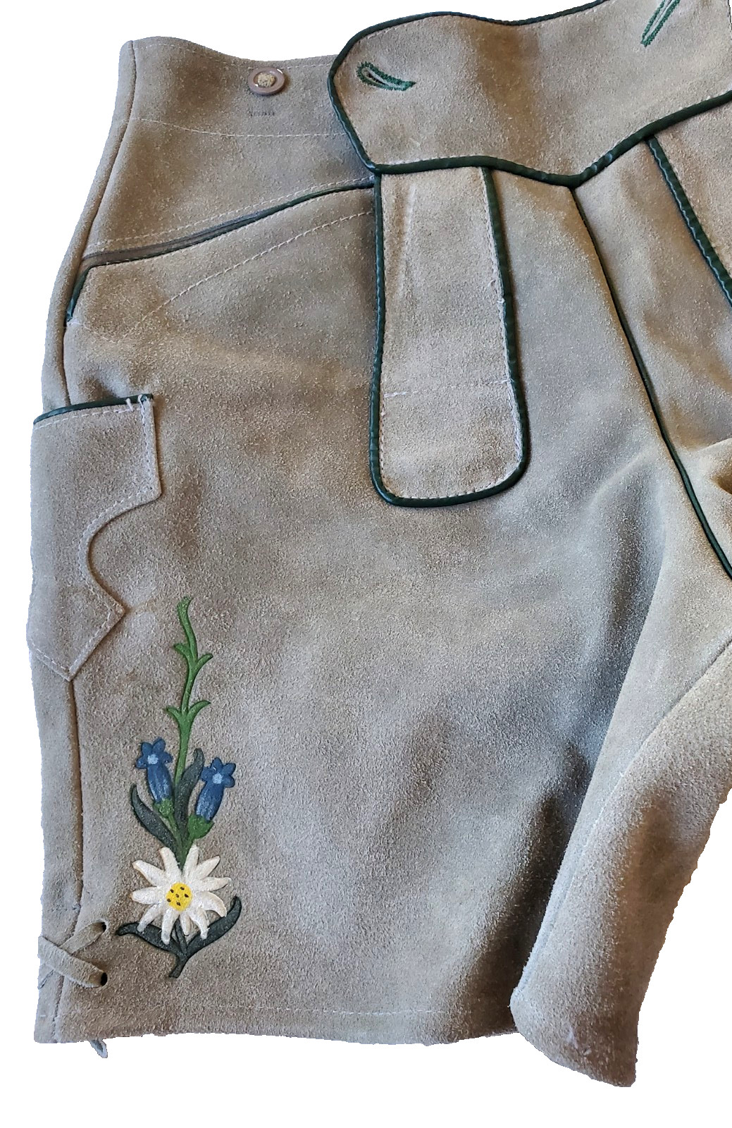 Vtg 70’s Authentic Lederhosen Gray-Green Shorts Suede Leather 30″Waist Edelweiss