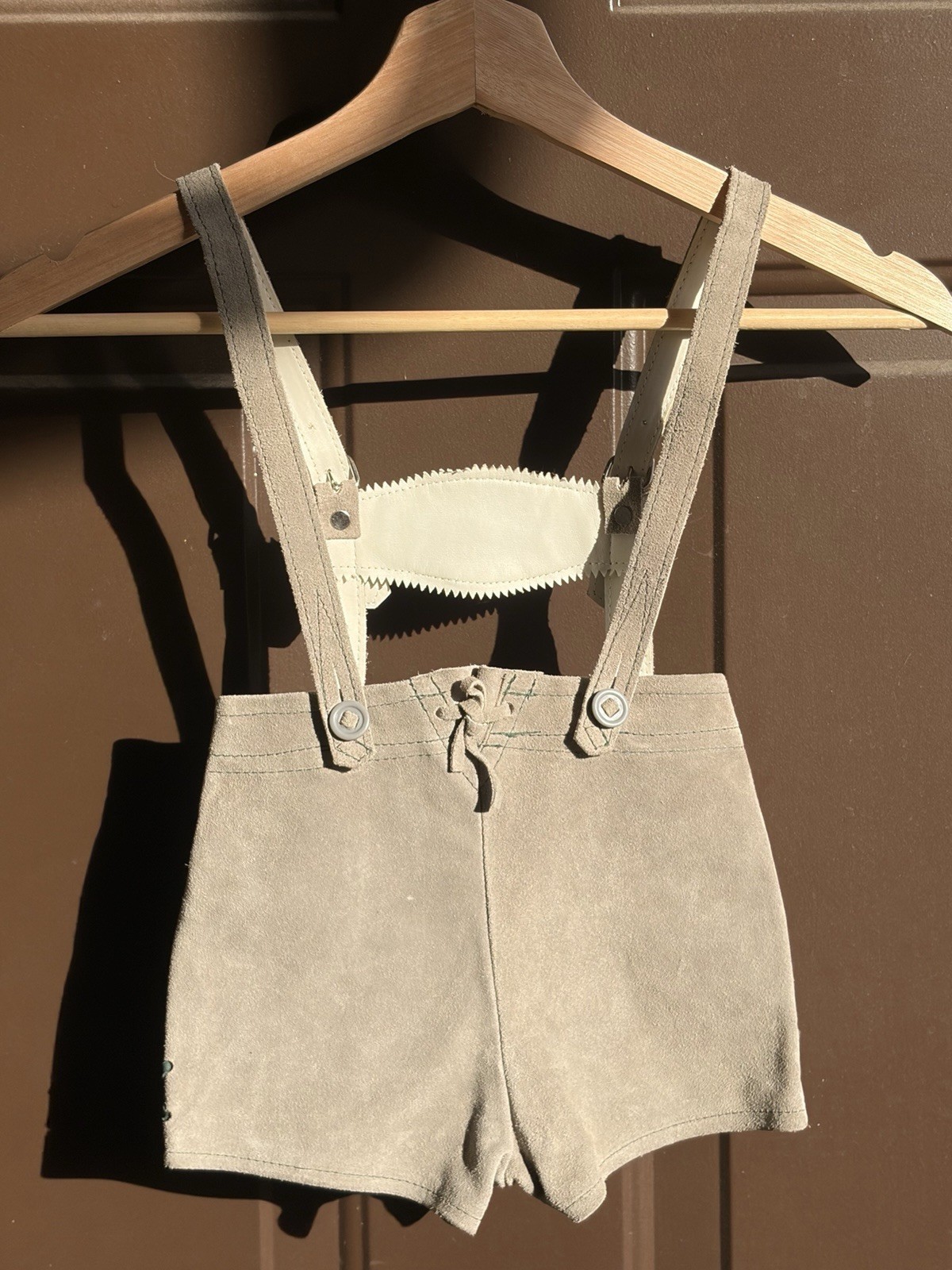 Vintage Germany Boy Child Suede Leather Lederhosen Gray Green Oktoberfest