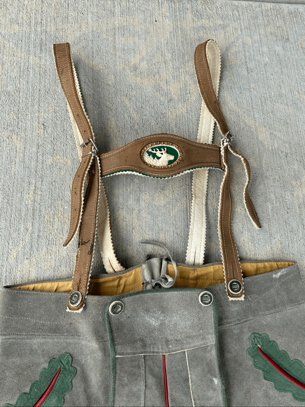 Vintage German Bavarian Lederhosen Gray Suede Leather Shorts with Suspenders