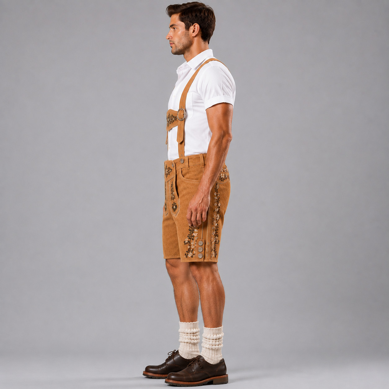 Mens Tan Suede Lederhosen Authentic Bavarian Oktoberfest German Shorts Suspender
