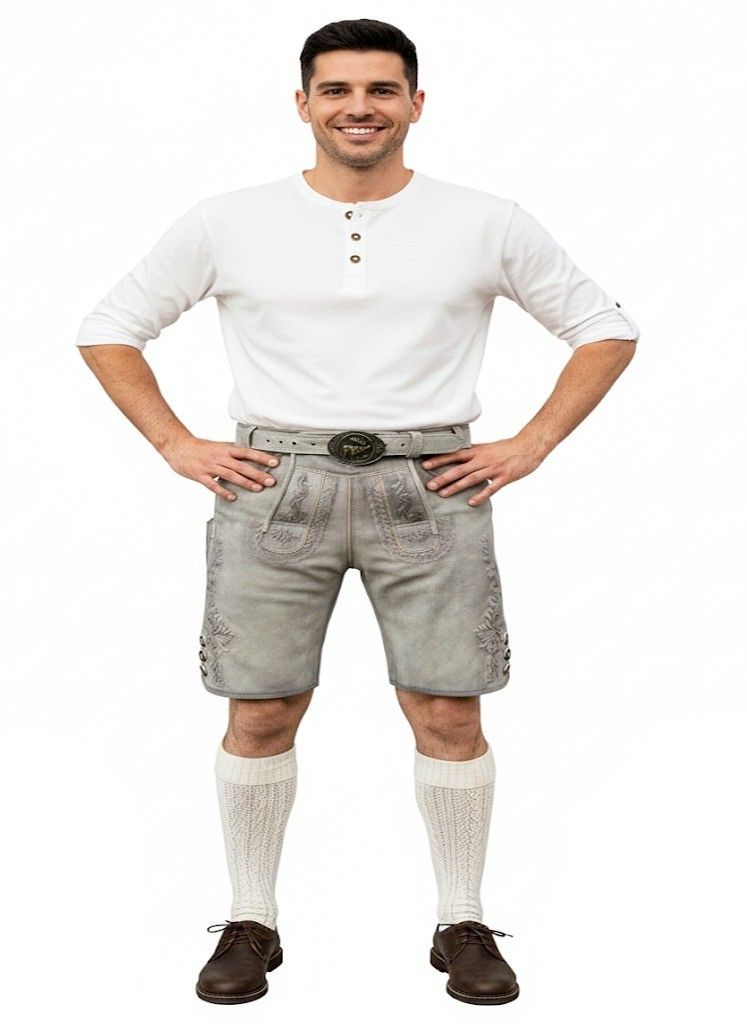 Men’s costume short leather pants with belt, antique smoke, suede pants 46-58