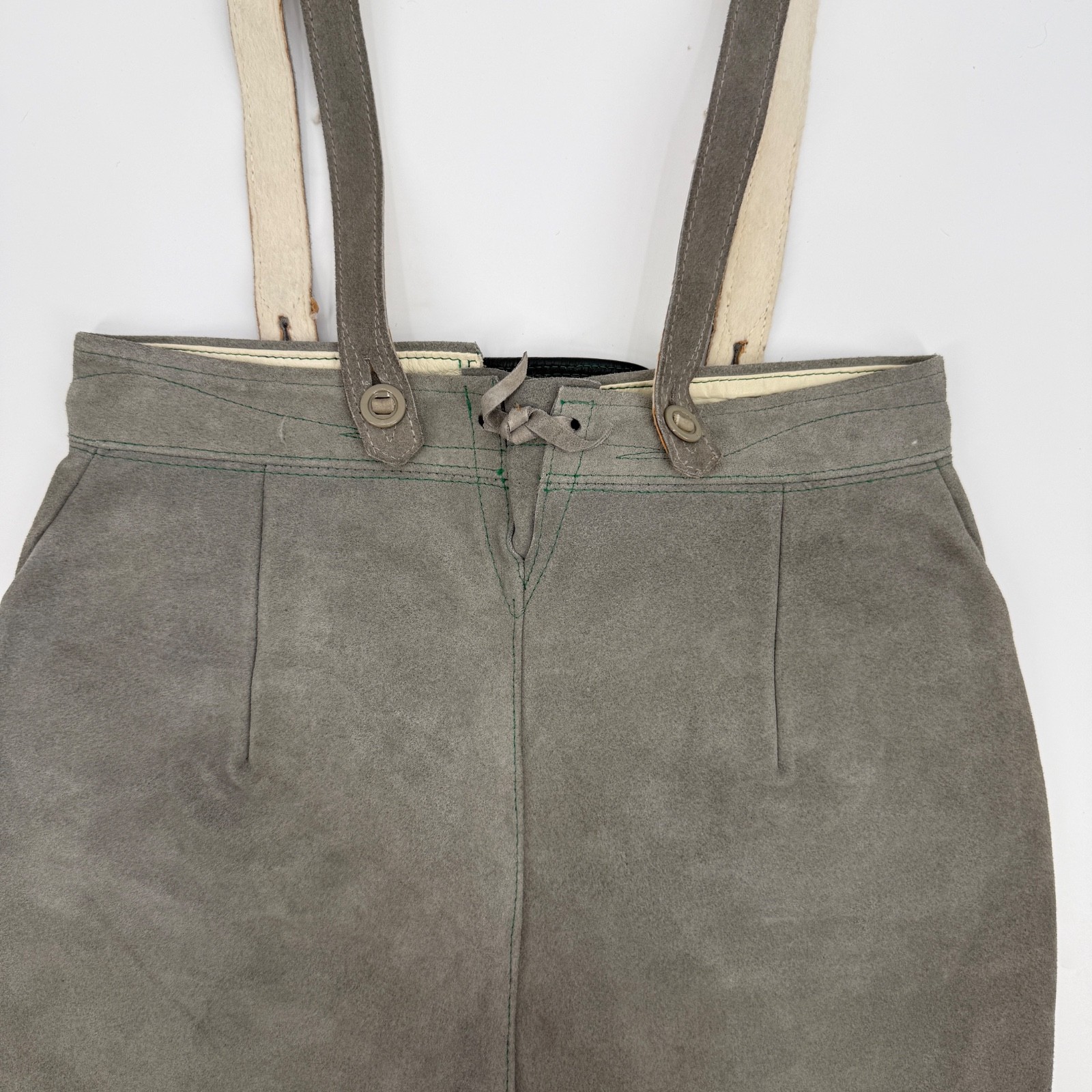 Vintage German Leather Lederhosen Shorts Suspenders Gray Suede Oktoberfest 36D
