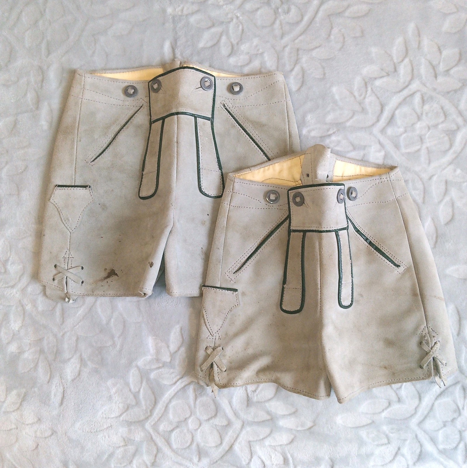 2 Pair Of Childrens Lederhosen Oktoberfest Shorts. Size 26 & 30. Gray & Green Tr