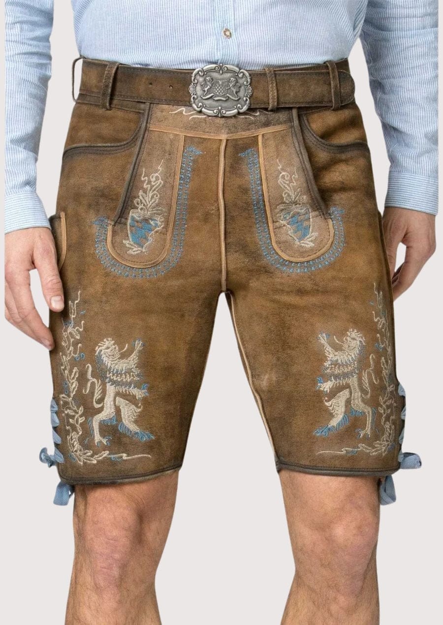 Genuine Leather German Lederhosen for Men Oktoberfest Outfit Short Length Brown