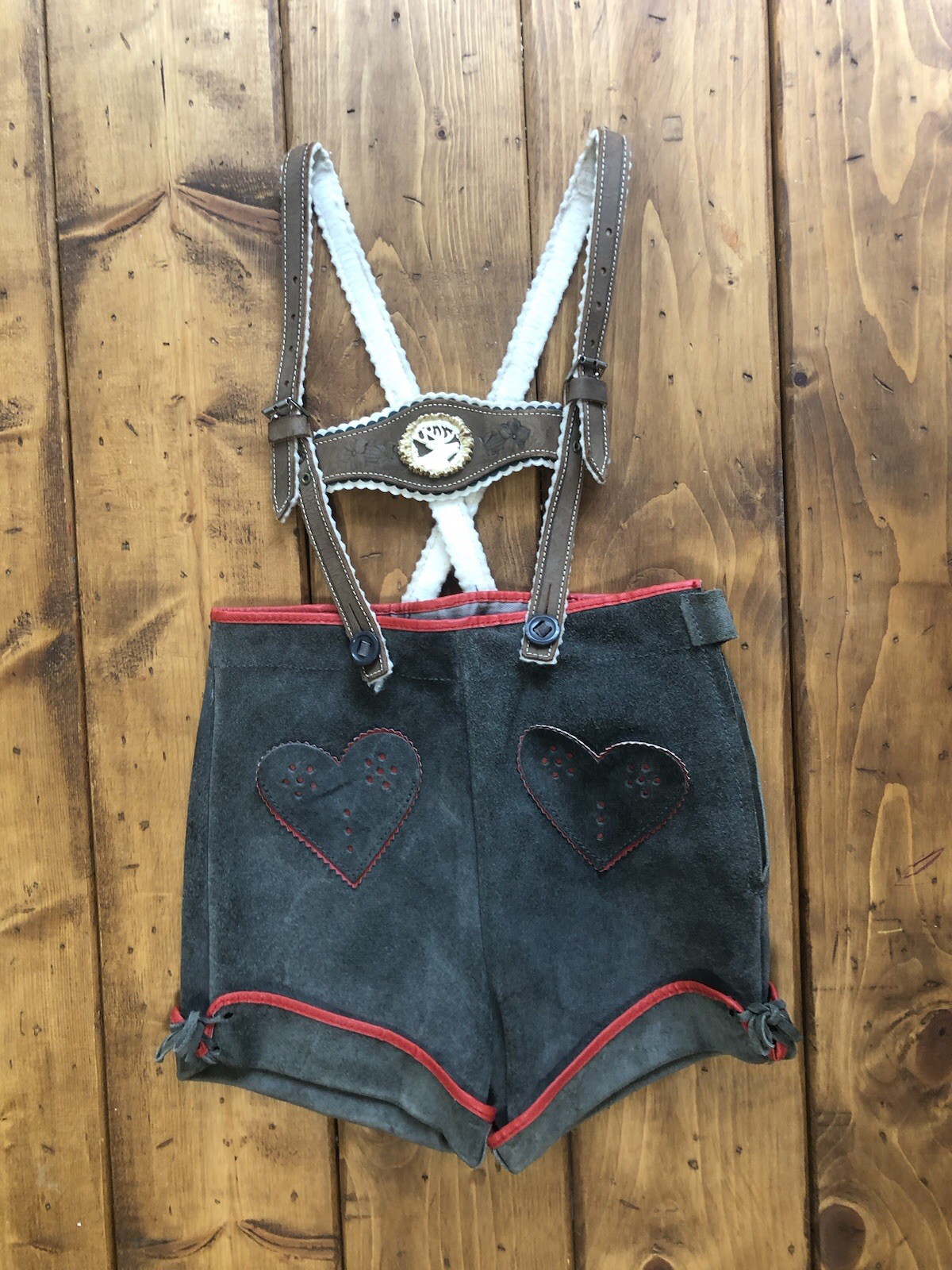 Vintage Austrian Child’s Leather Lederhosen Brown Deer Bust with heart pockets