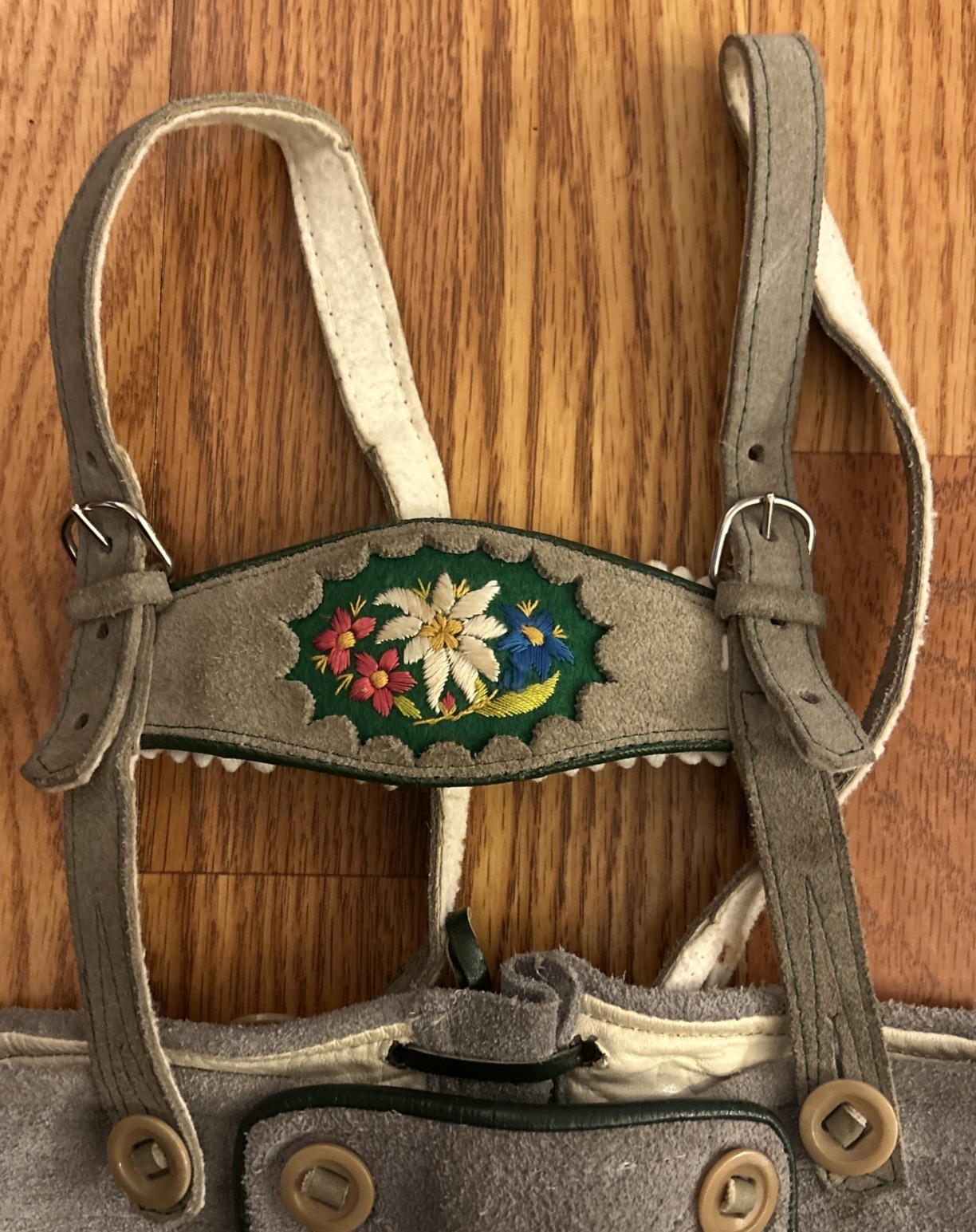VTG German Lederhosen Child Shorts Suspender Authentic Suede Leather Floral