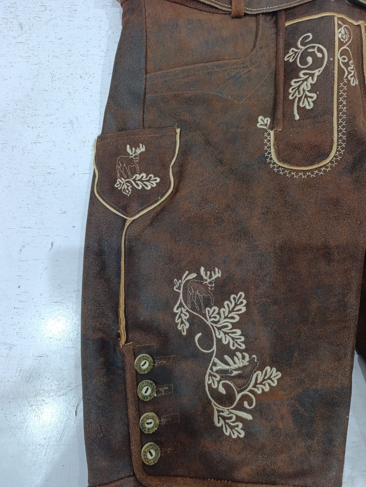 Men’s Lederhosen Shorts Genuine Leather Brown Bavarian Oktoberfest Embroidered