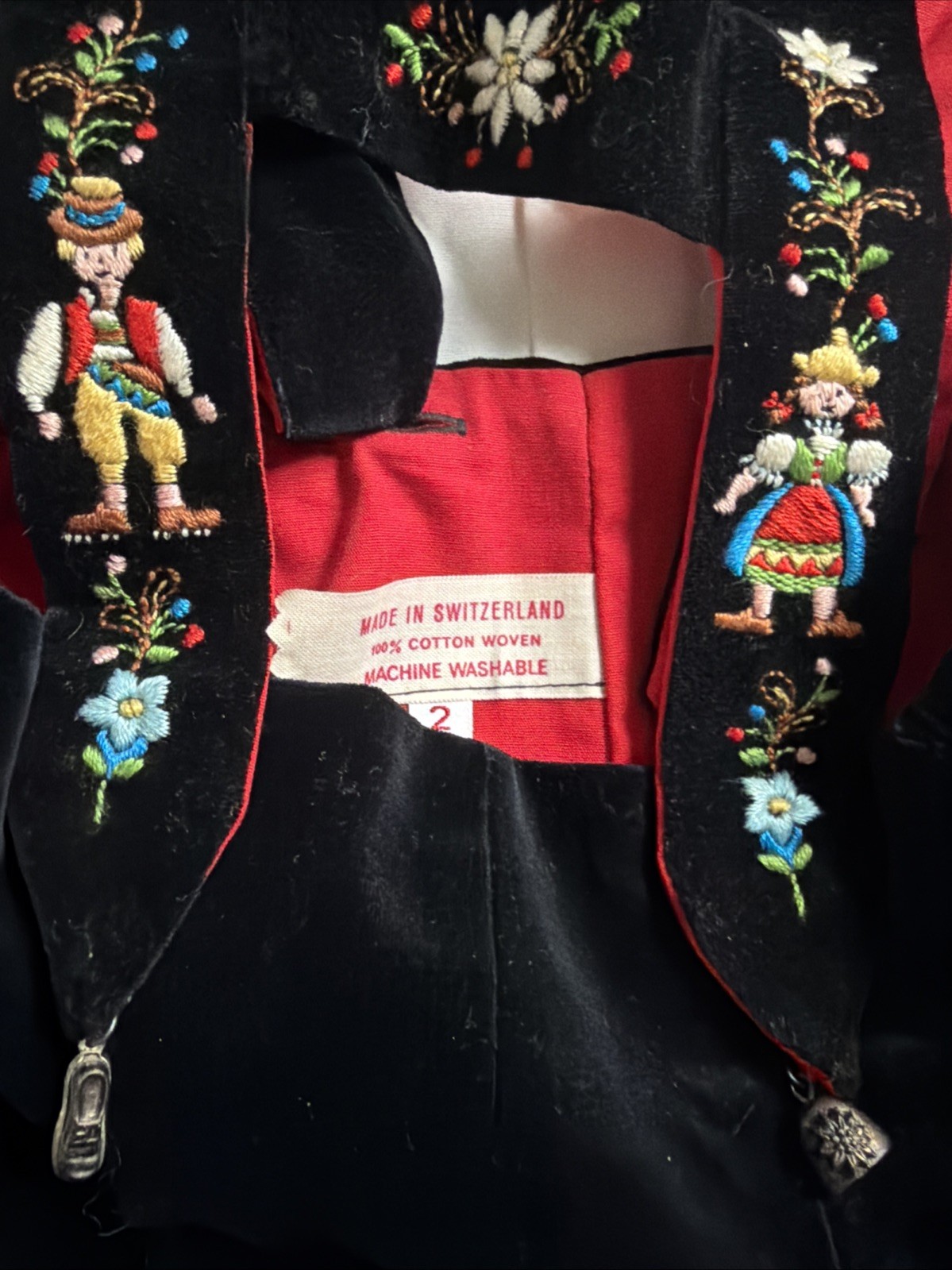 Original Lederhosen Switzerland Black Velvet With Folk Embroidery And White Shir