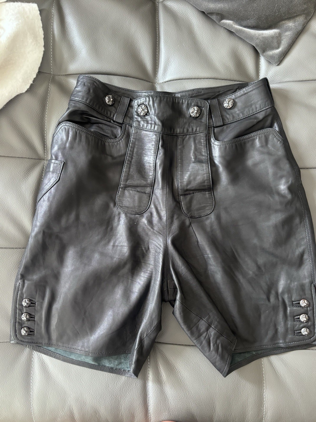 Chrome Hearts Black Leather Shorts Button Front Flap Size S