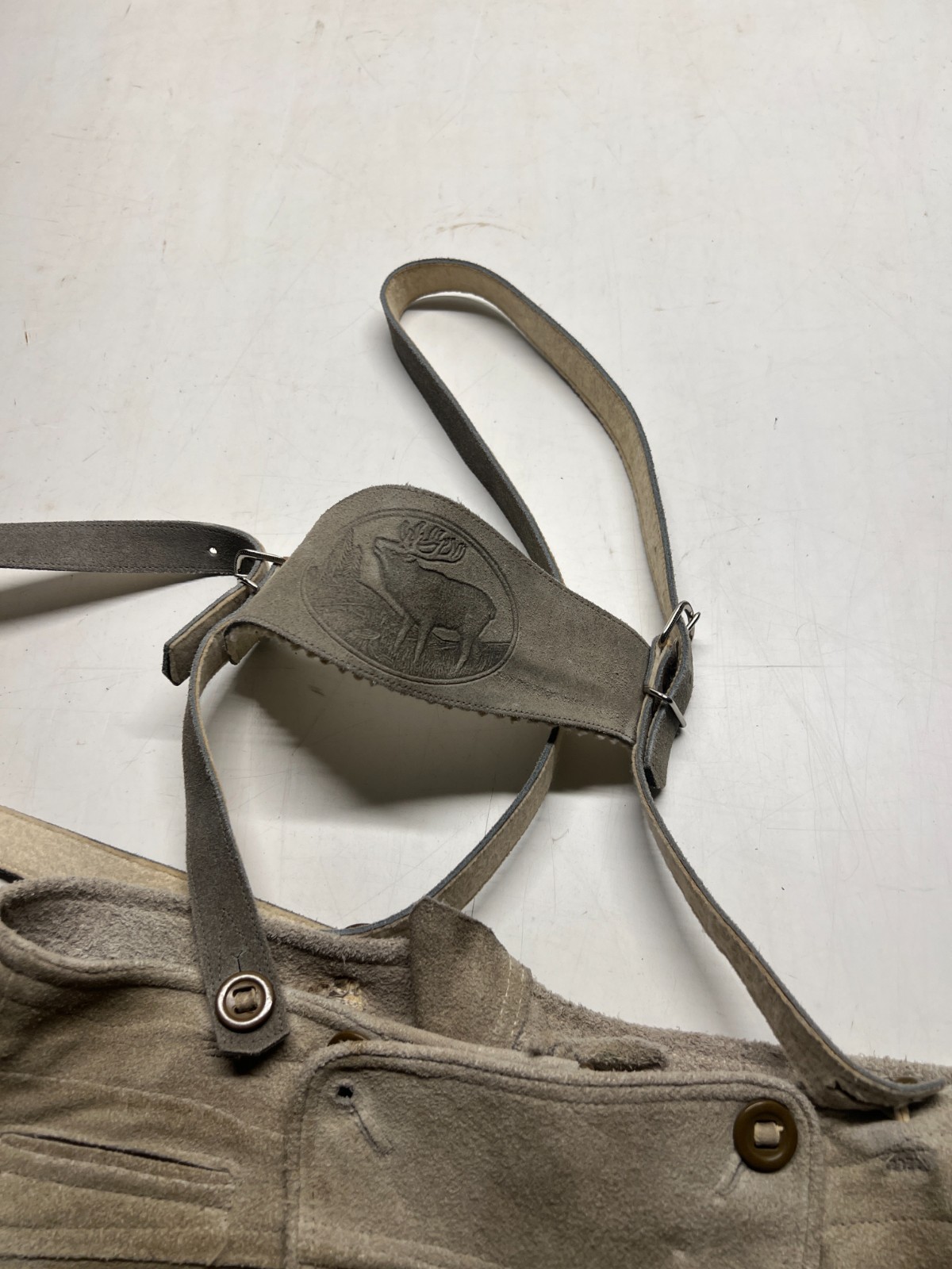 Lederhosen Bavarian Shorts Beige Suspenders Suede Germany Festive Mens Sz 16×19