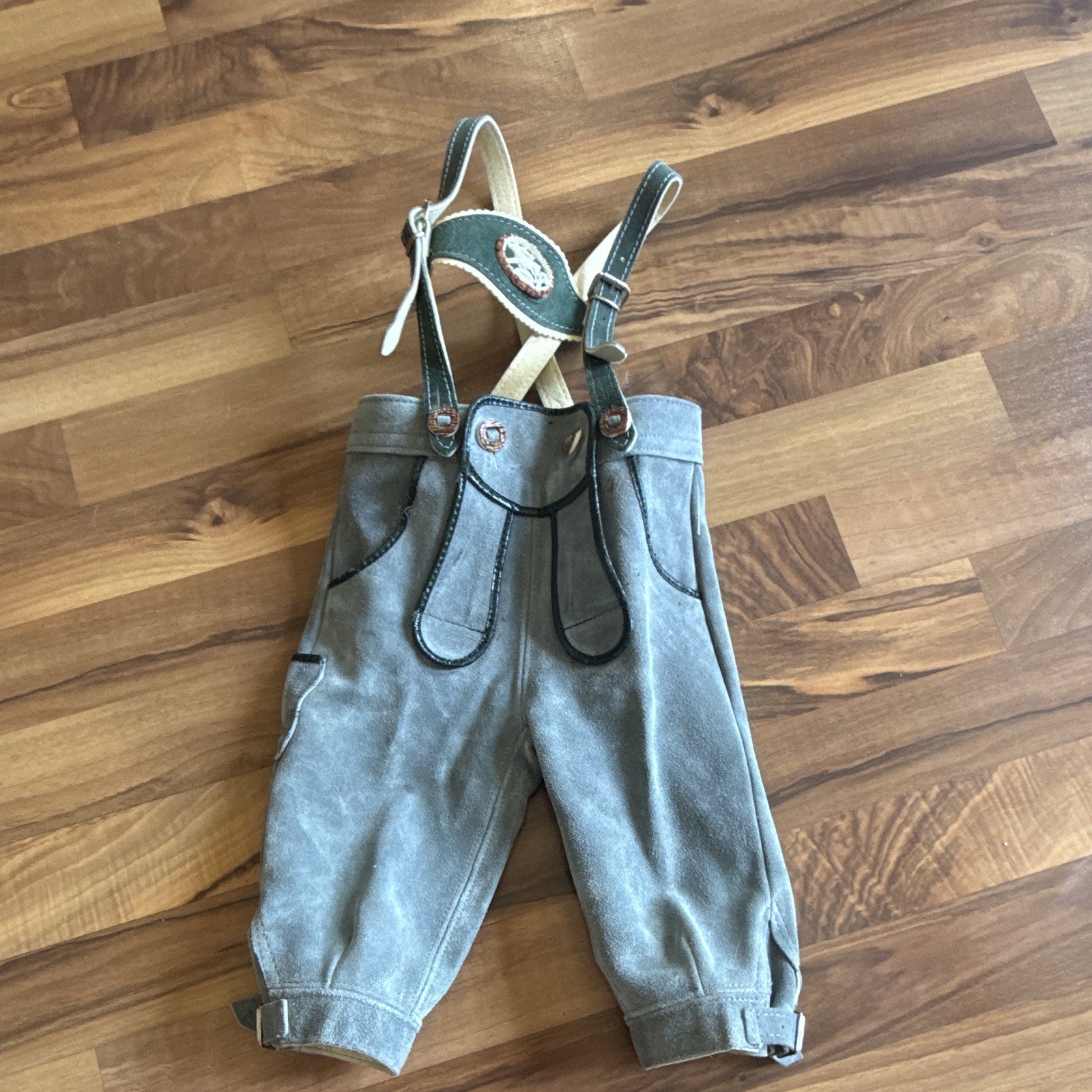 vintage gray suede leather lederhosen children’s embroidered suspenders