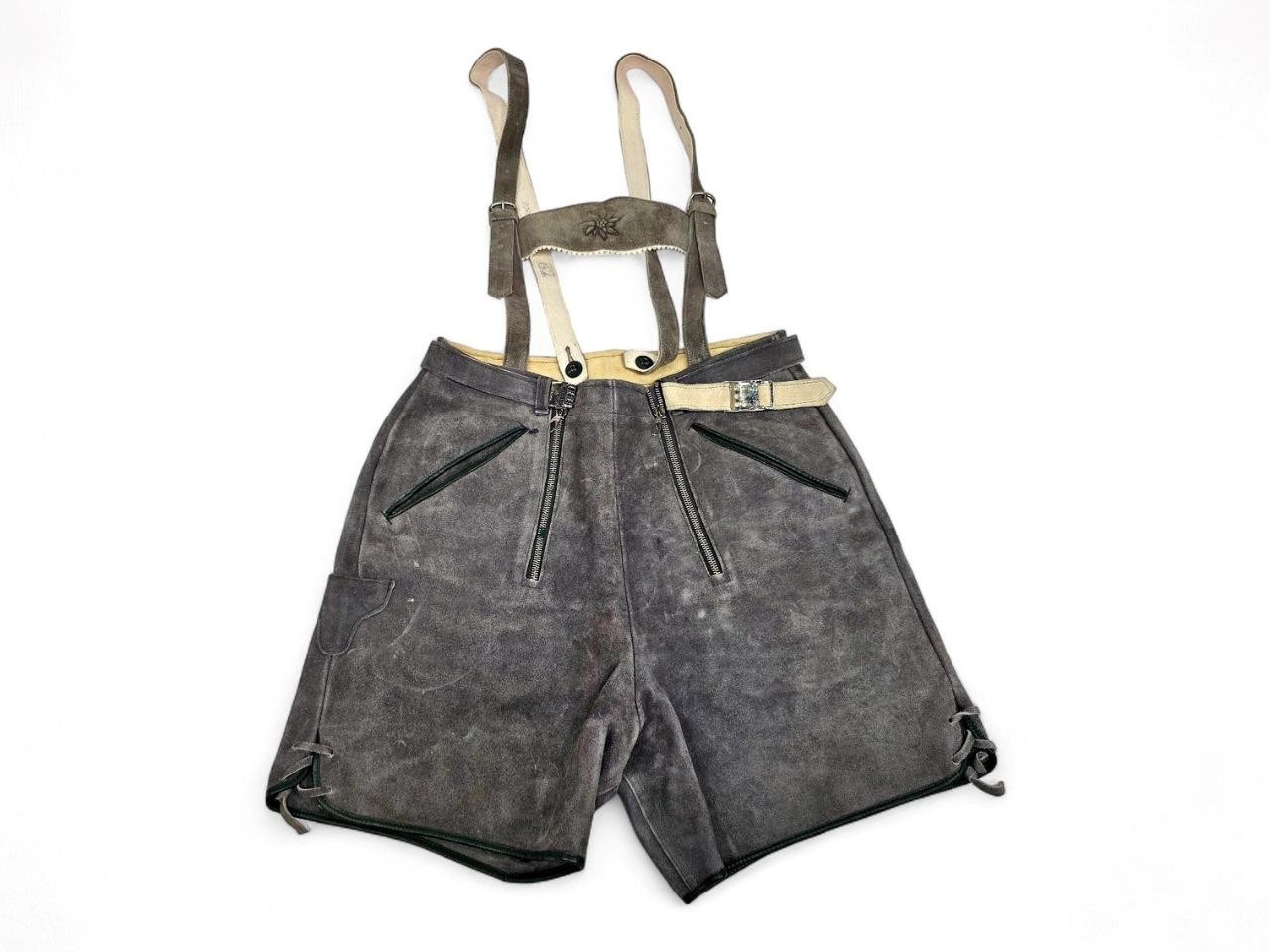 German Lederhosen Size S Gray Leather Suede Shorts Suspenders German Austrian