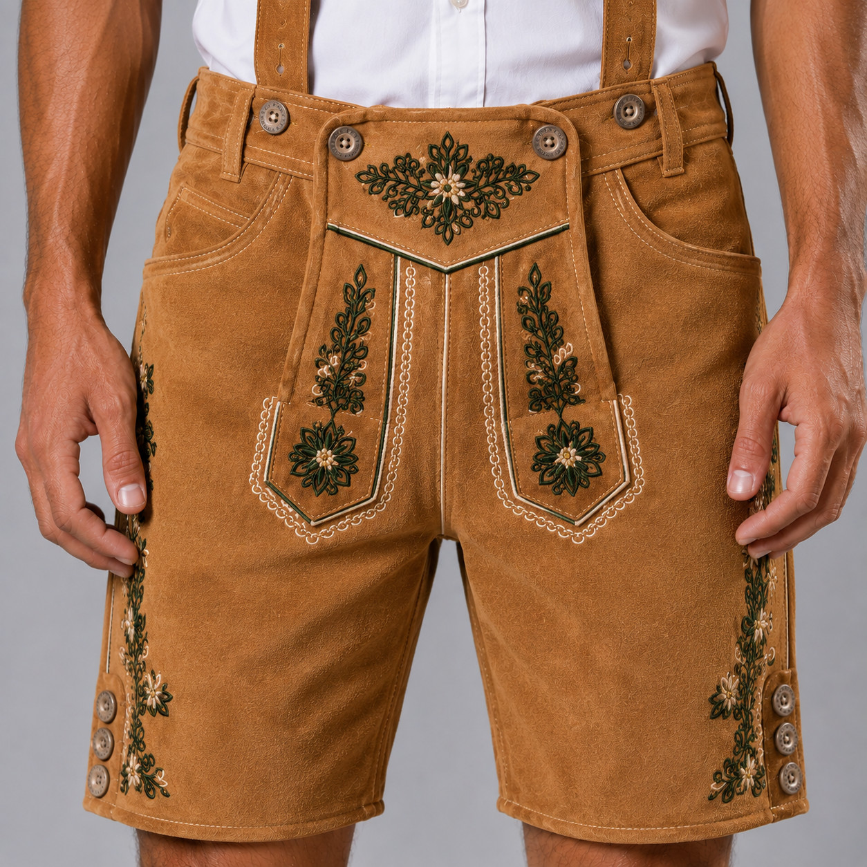 Mens Tan Suede Lederhosen Authentic Bavarian Oktoberfest German Shorts Suspender