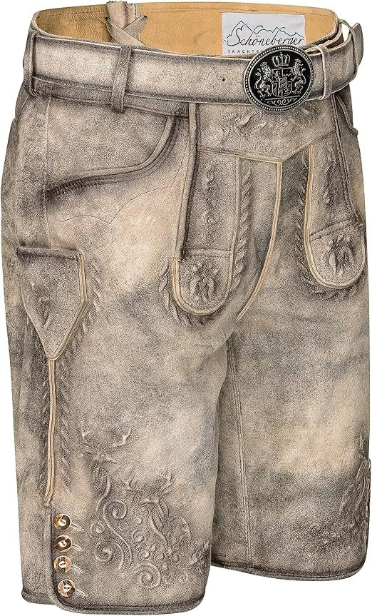 Traditional Lederhosen for Men Short Lederhosen Antique/ICE Grey with Belt Size 52