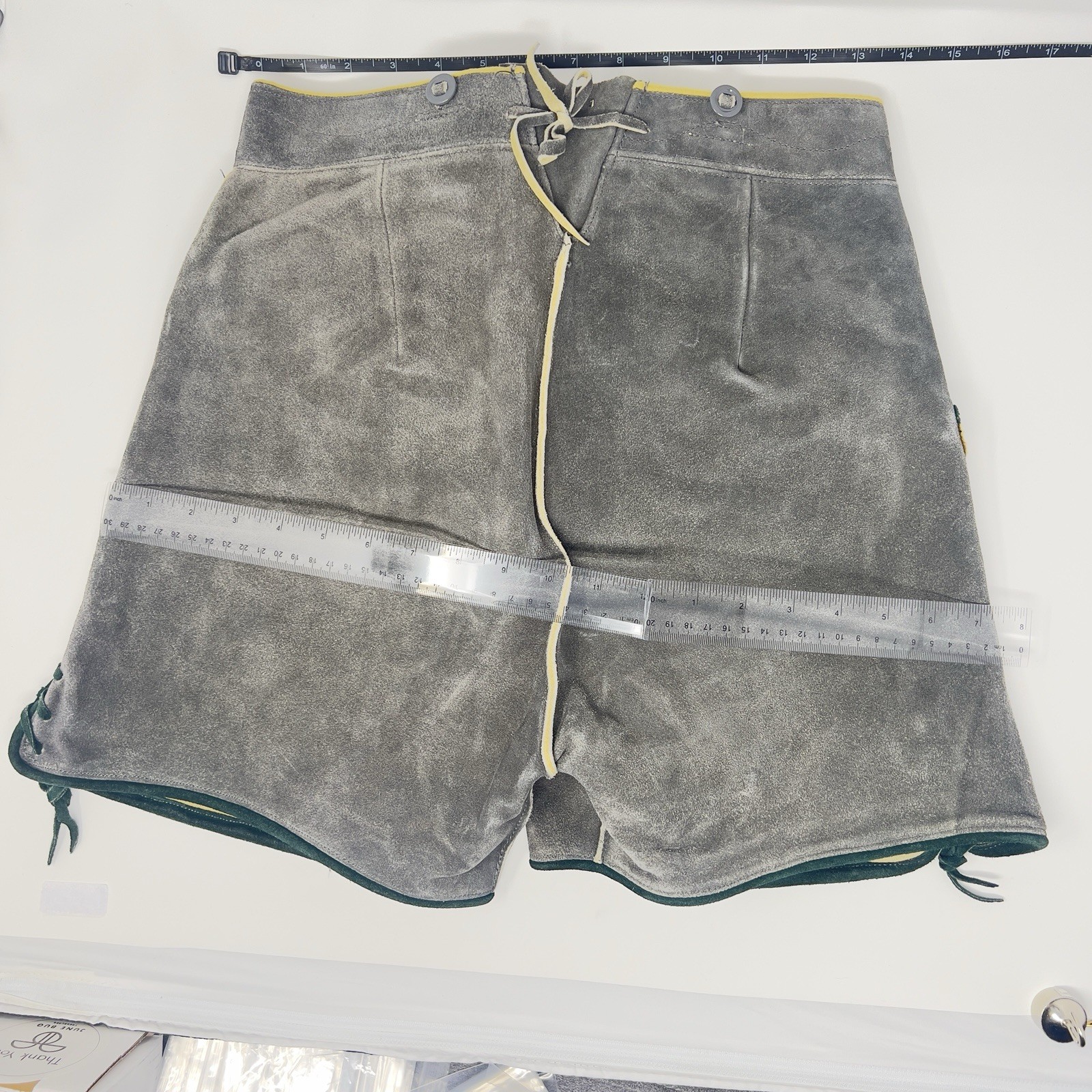 Authentic Vintage Lederhosen Oktoberfest Men Suede Leather Green Shorts Size 66