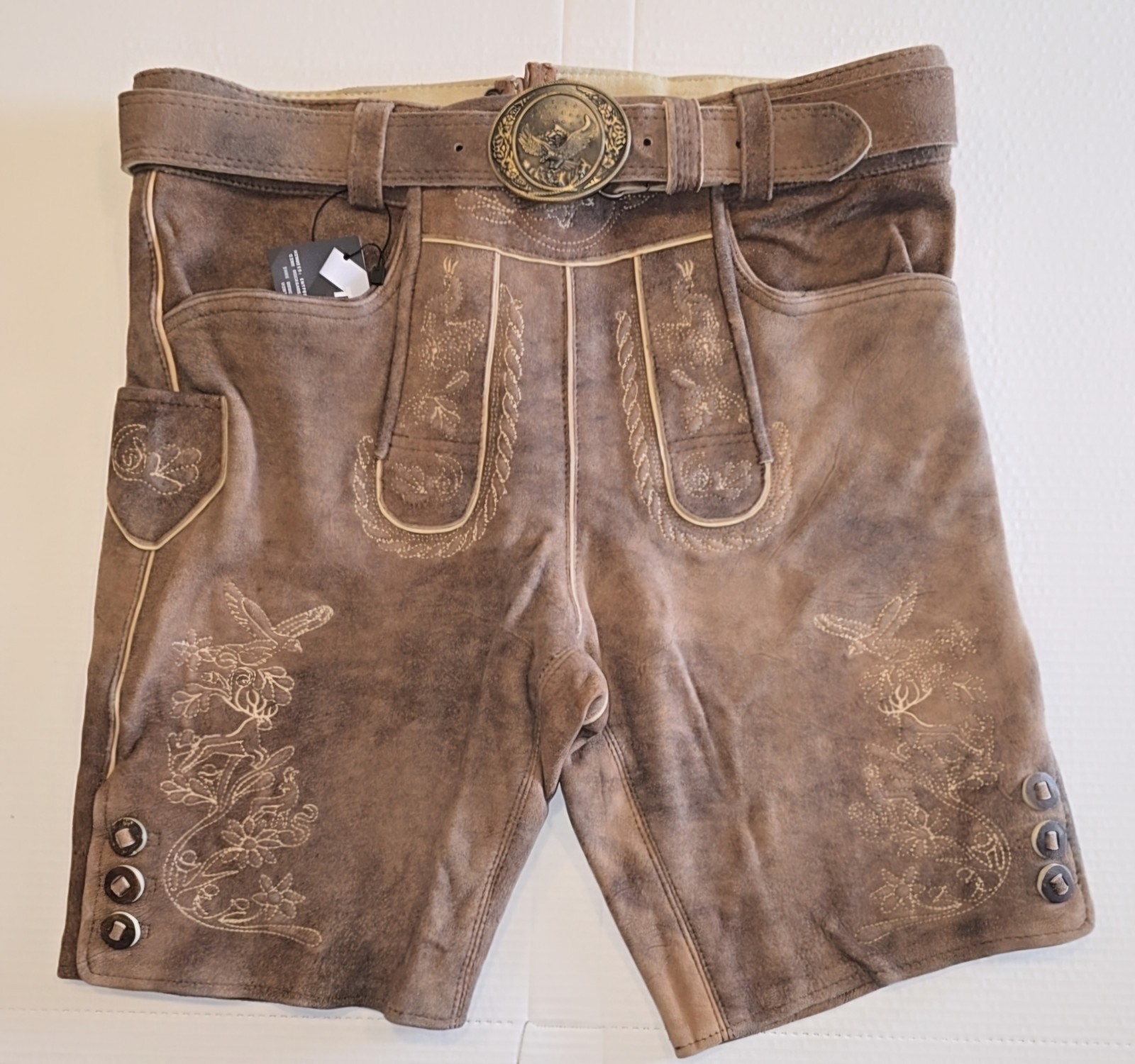 Men’s Costume Lederhosen Oktoberfest Pants Real Leather Brown with Belt Size,56