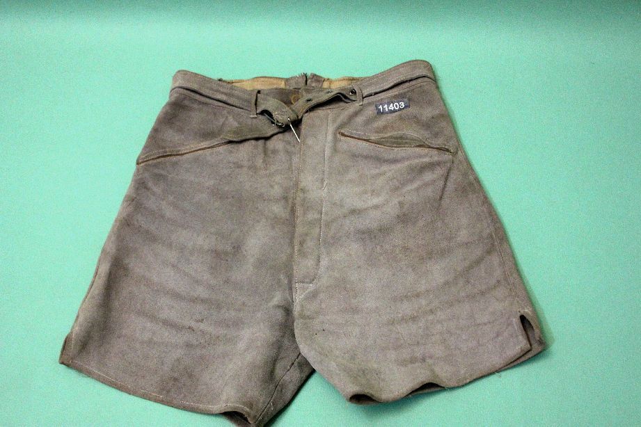 Traditional rough leather trousers short rustic approx 44 (w30) grey alpine festival