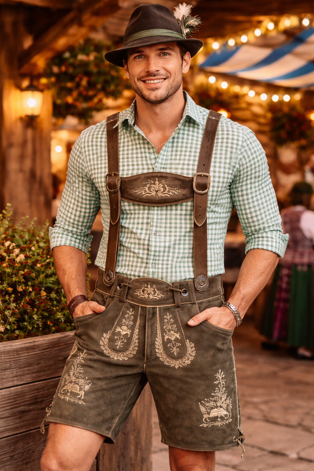 Olive Green Lederhosen for Men – Embroidered Oktoberfest Bavarian Shorts