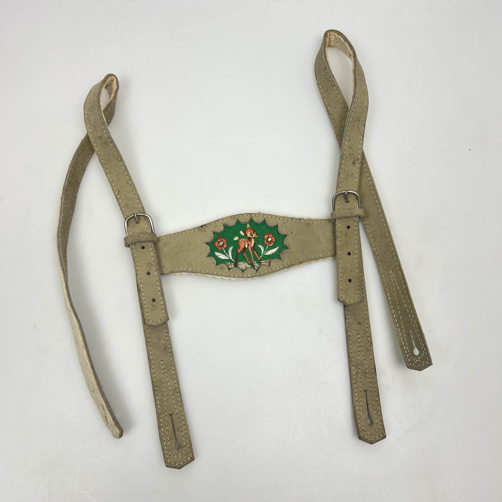 Vintage German Bavarian Lederhosen Suspenders Youth Deer Embroidered