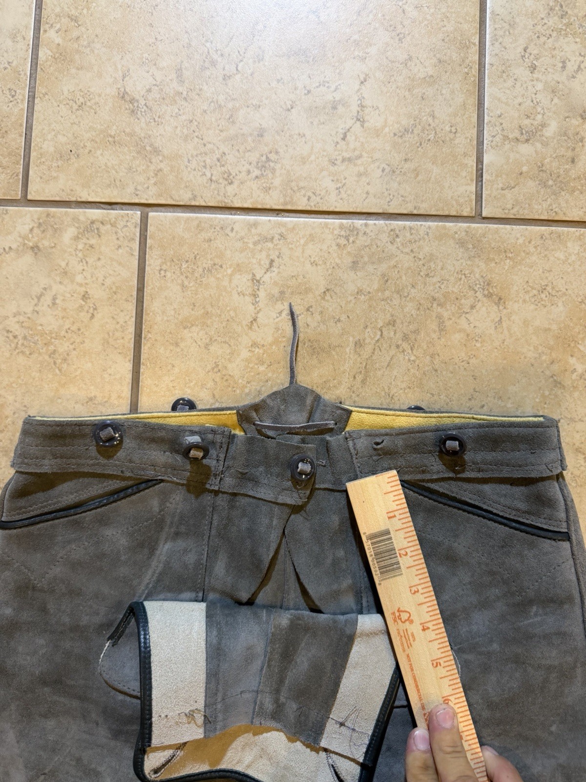 Men’s Traditional German Gray Leather Lederhosen Shorts Front Flap Side Lacing