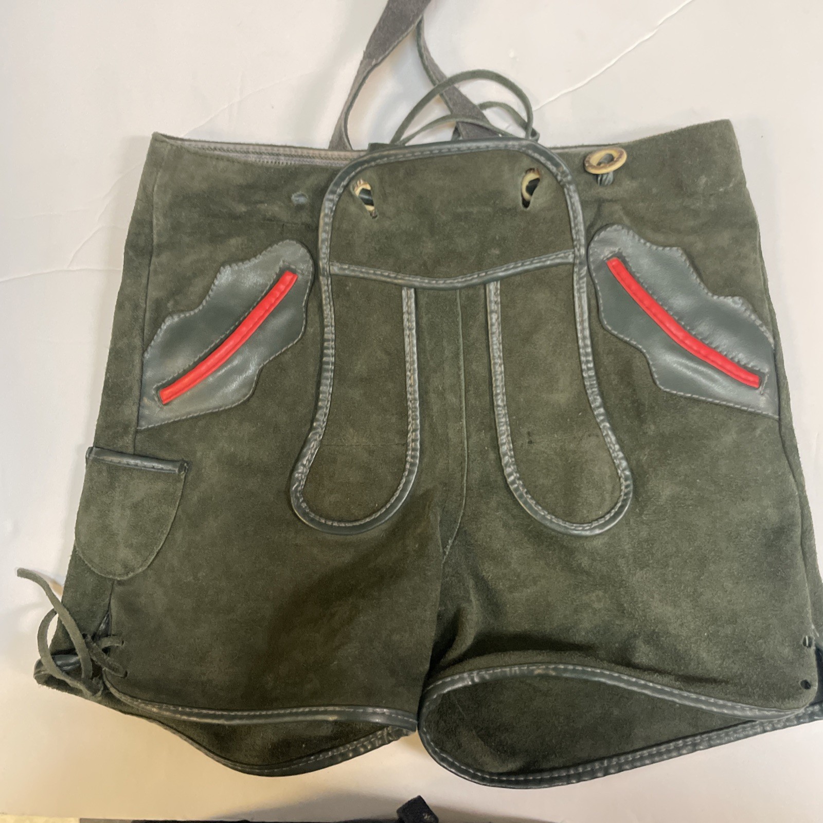 Lederhosen Bavarian German Oktoberfest Green Leather For Kid Missing One button!