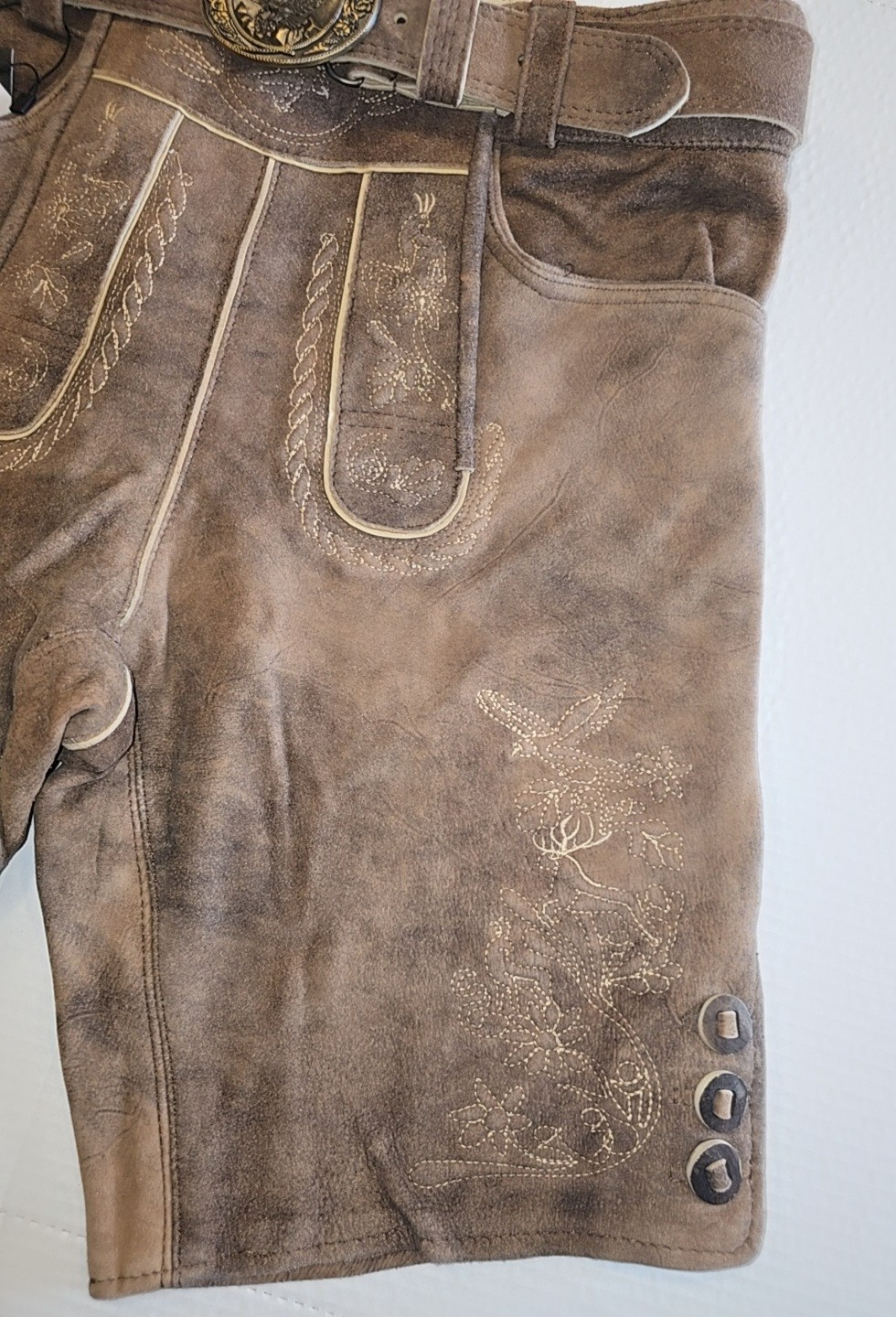 Men’s Costume Lederhosen Oktoberfest Pants Real Leather Brown with Belt Size,56