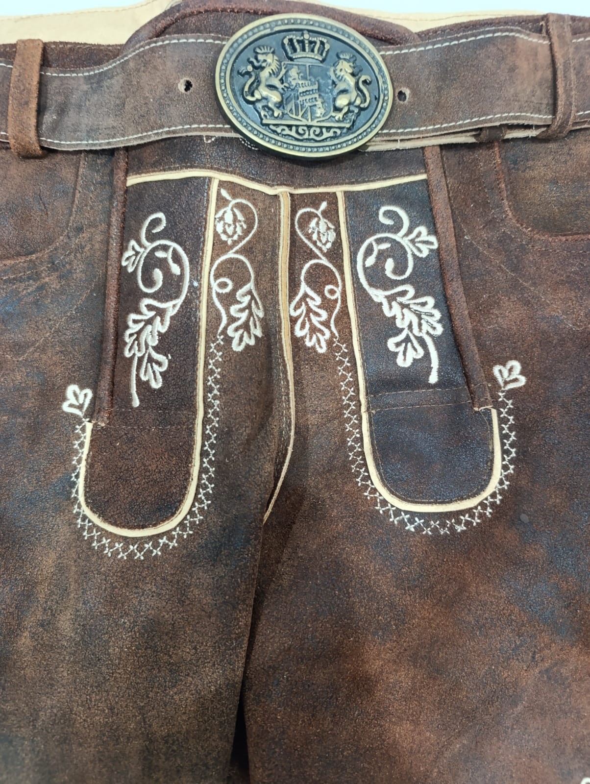 Men’s Lederhosen Shorts Genuine Leather Brown Bavarian Oktoberfest Embroidered