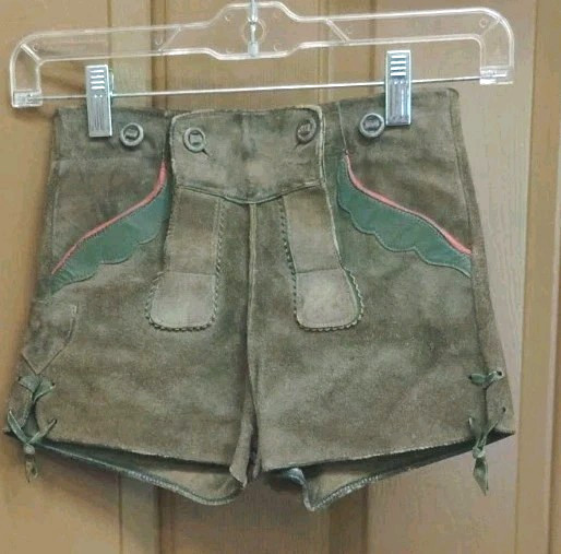 Vintage Germany Boy Child Suede Leather Lederhosen Gray Green 22 In Waist