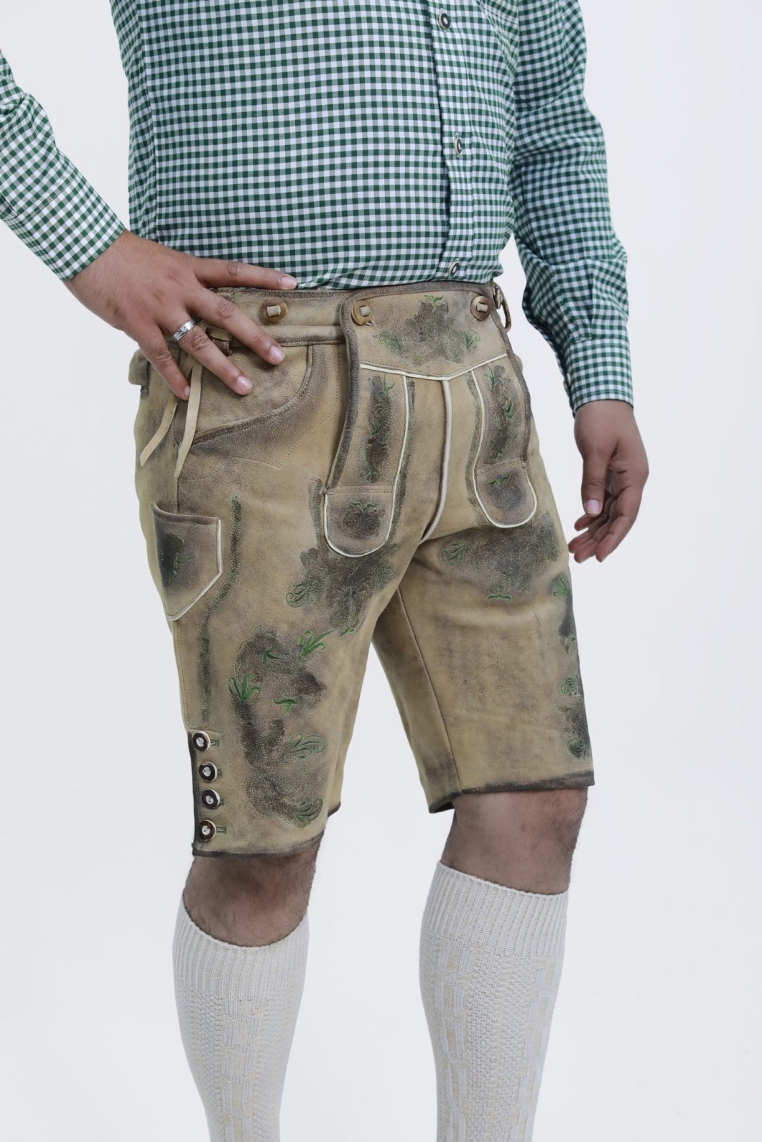 Lederhosen4U Hamburg Walnut Brown Bavarian Leather Deer Embroidery Octoberfest