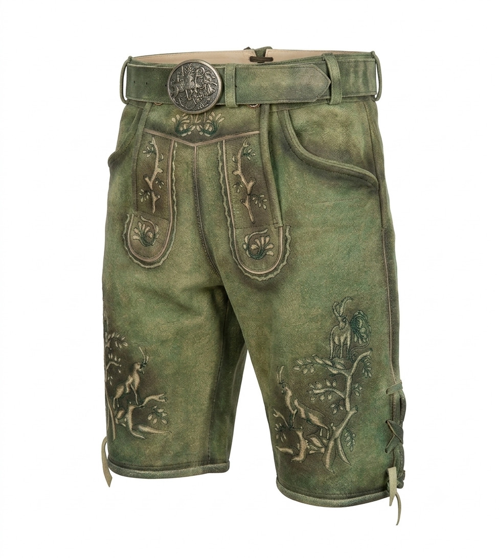 Vintage Green Leather Lederhosen Shorts Men Oktoberfest Embroidery Trachten Shor